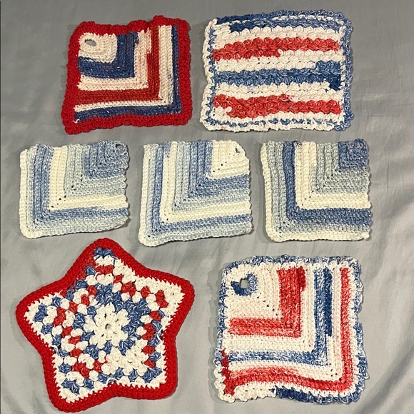 Homemade Other - Handmade Crochet Knitted Pot Holders Set of 7 Seven Red, Blue, White